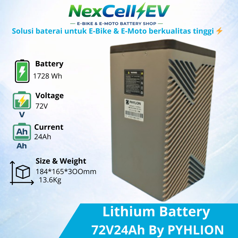 Baterai Motor Listrik Lithium By PHYLION 72V - 24Ah, Garansi Full Replacement 2 Tahun
