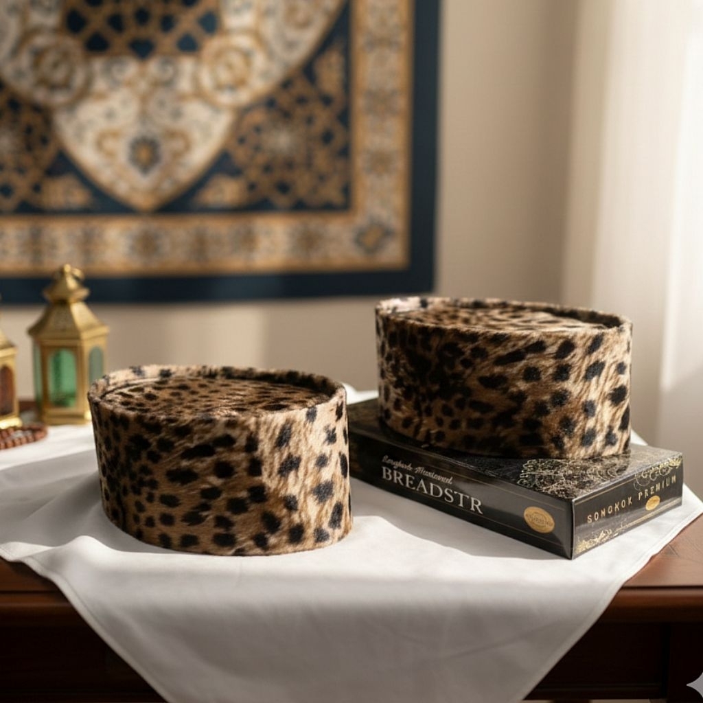 PREMIUM PECI SONGKOK KOPIAH TERBARU MOTIF BULU MACAN LEOPARD HABIB BAHAR MODEL AC TINGGI 9cm LEMBUT 