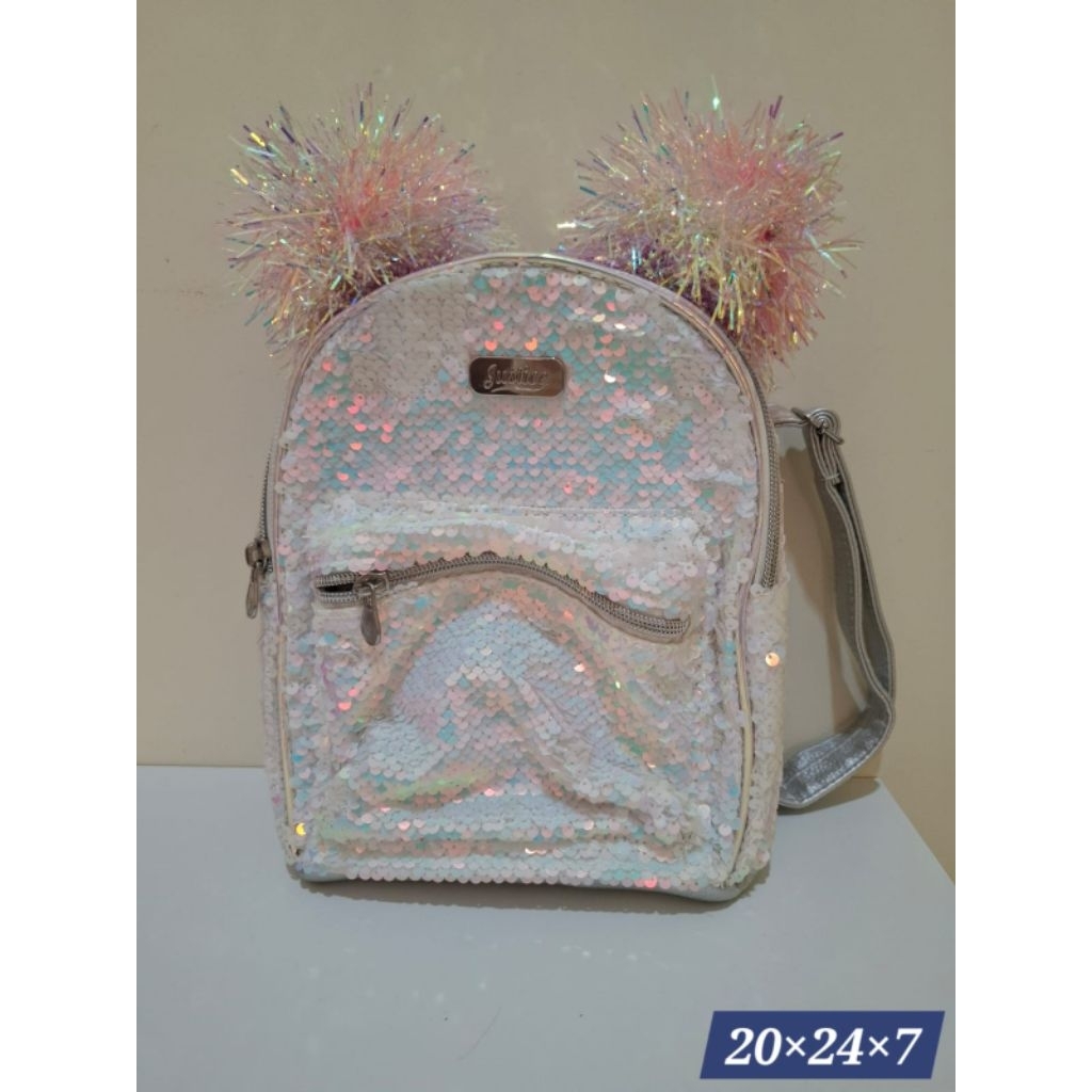 tas backpack anak perempuan. merk justice ori. cantik dan manis. warna silver