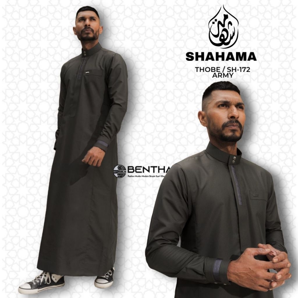 Jubah Shahama SH-172 Hijau Army Baju Gamis Pria Dewasa Modern Thobe Lengan Panjang Manset