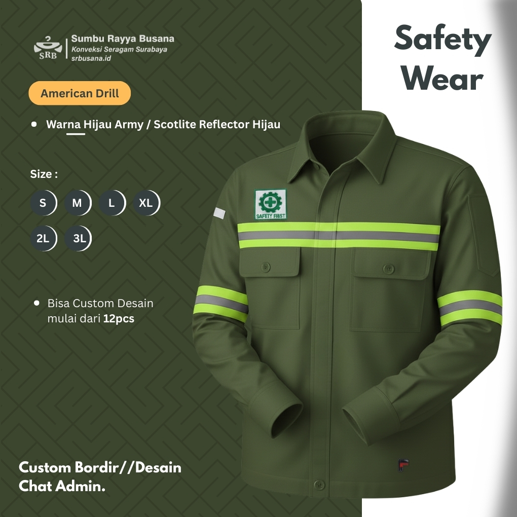 Reflector Hijau Seragam Kemeja Safety K3 Baju Kerja Atasan Wearpack PDL Lapangan Scotlite Reflector 