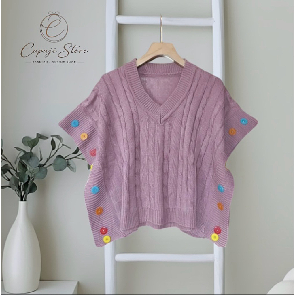 Vest Knit Crop Baju Rajut Kancing Outwear Wanita Rompi Pendek