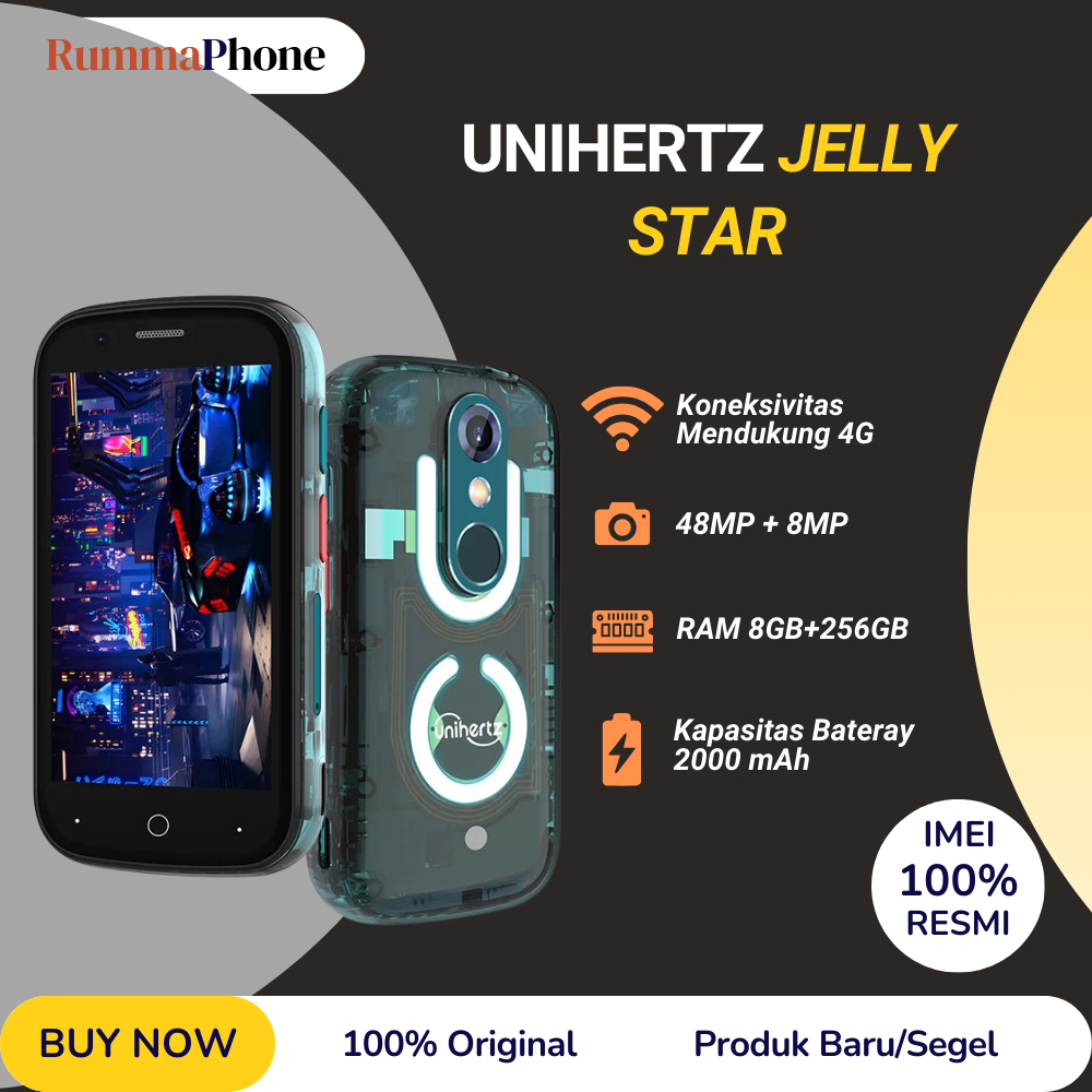Smartphone Unihertz Jelly Star Mini Android 13 8GB 256GB 48MP Layar LED HD 3 Inci Transparan 2000mAh