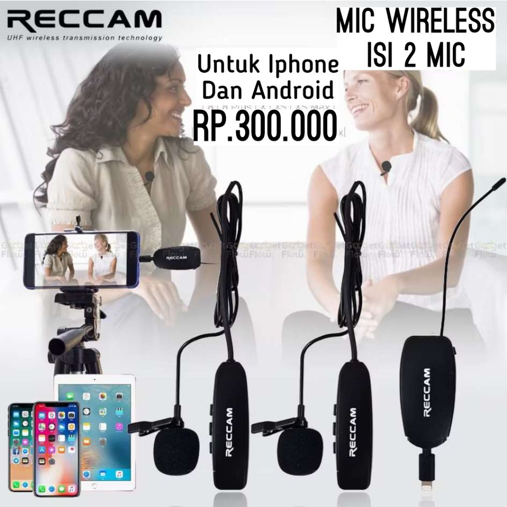 mic wireless Android untuk konten kreator, isi 2 mic