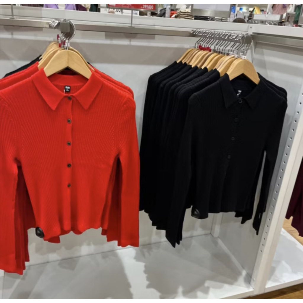 Cardigan Polo Extra Fine Merino Rib lengan panjang uniqlo size M BLACK