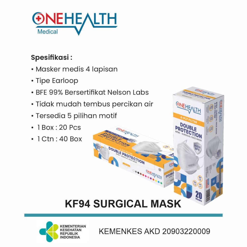 FREE WARNA UNGU Masker KF94 / KF 94 OneHealth 4 Ply Surgical Face Mask isi 20 pcs