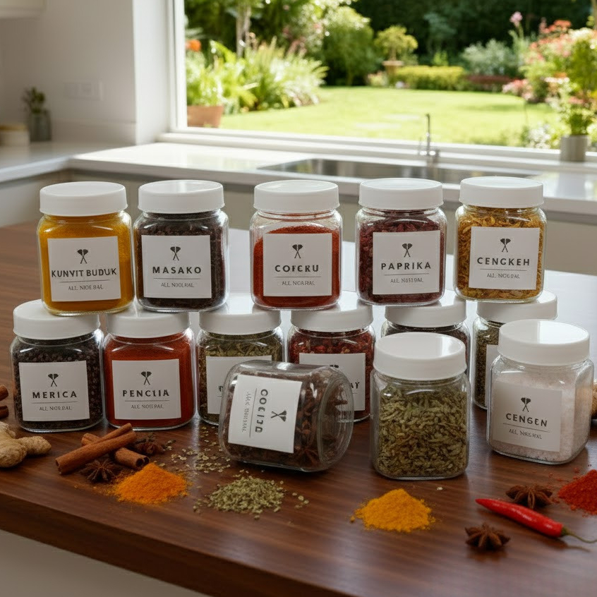 Toples Tempat Bumbu Dapur 200ml Toples Plastik Kotak Tutup Putih Free Sticker