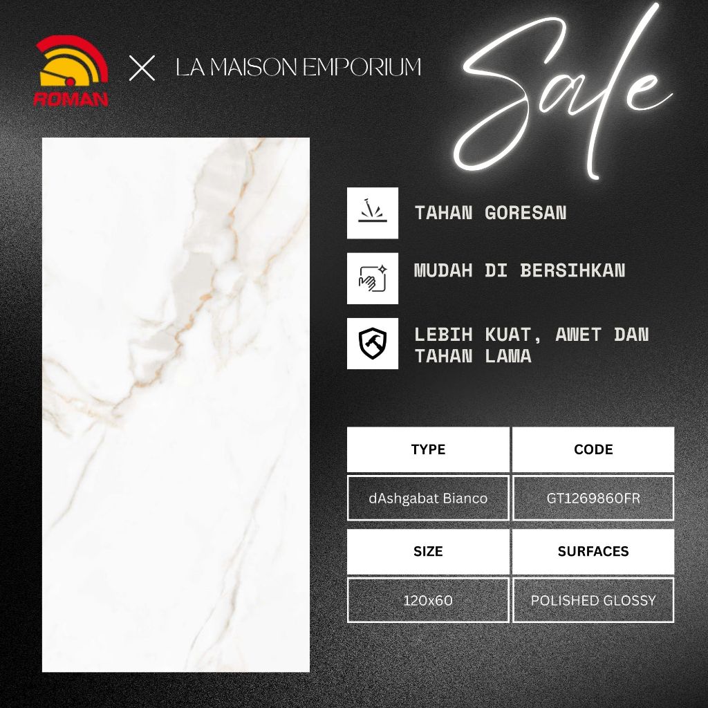 Granit 120x60 Roman  GT1269860FR dAshgabat Bianco /  Granite 60x120 Tile Ashgabat Bianco putih corak