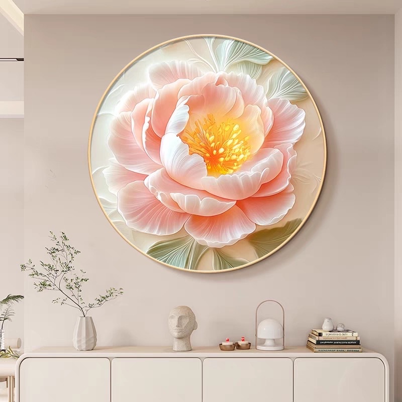 Lukisan Porcelain 5D Diamond Bulat Motif Bunga Keberuntungan Pajangan Dinding Bundar Bulat Bunga Ala