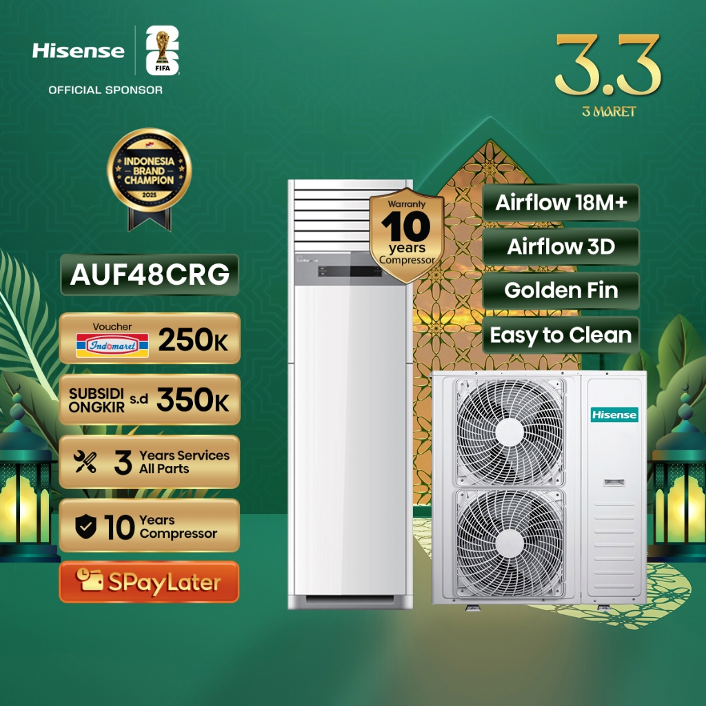 Hisense AC AUF48CRG Inverter 5 PK Floor Standing Air Flow Jarak Hingga 18M Lebih Pendinginan 4D Ruan