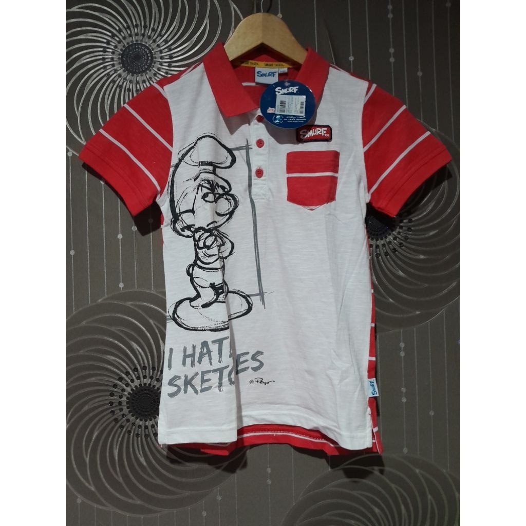 KAOS POLO SMURF MERAH PUTIH SKETCHES SIZE 9-10Y ORIGINAL JSP (BARU)