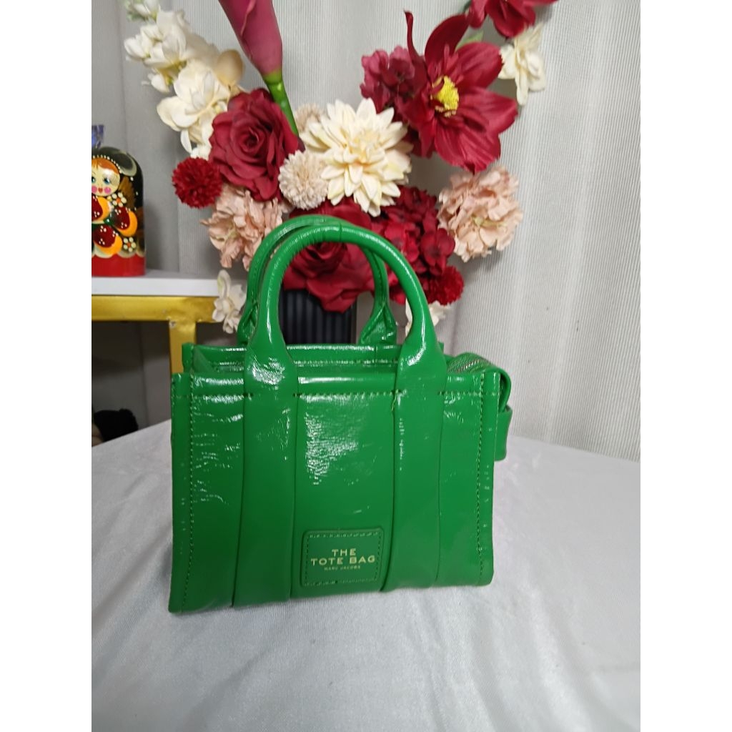 MARC JACOBS SHINY CRINKLE MINI TOTE BAG GREEN