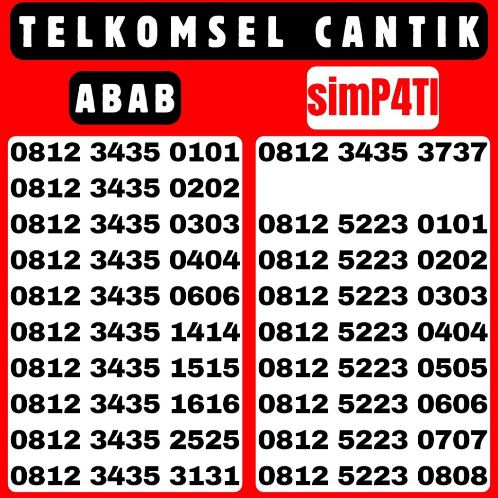 NOMOR CANTIK TELKOMSEL SERI ABAB || 0812 3435 ABAB || 0812 5223 ABAB || 0821 6003 ABAB || 0852 8200 