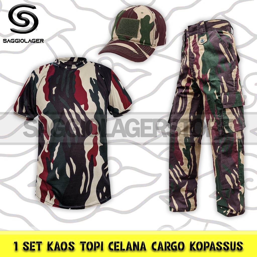 Satu Set Setelan Baju Kaos Dryfit Topi Rimba Celana Pdl Panjang Cargo Loreng TNI Kopassus