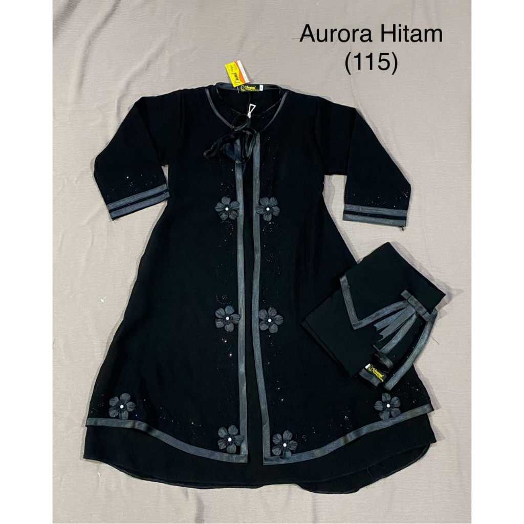setelan abaya AURORA anak satu set jilbab cadar pita warna warni semi outer hitam jetblack