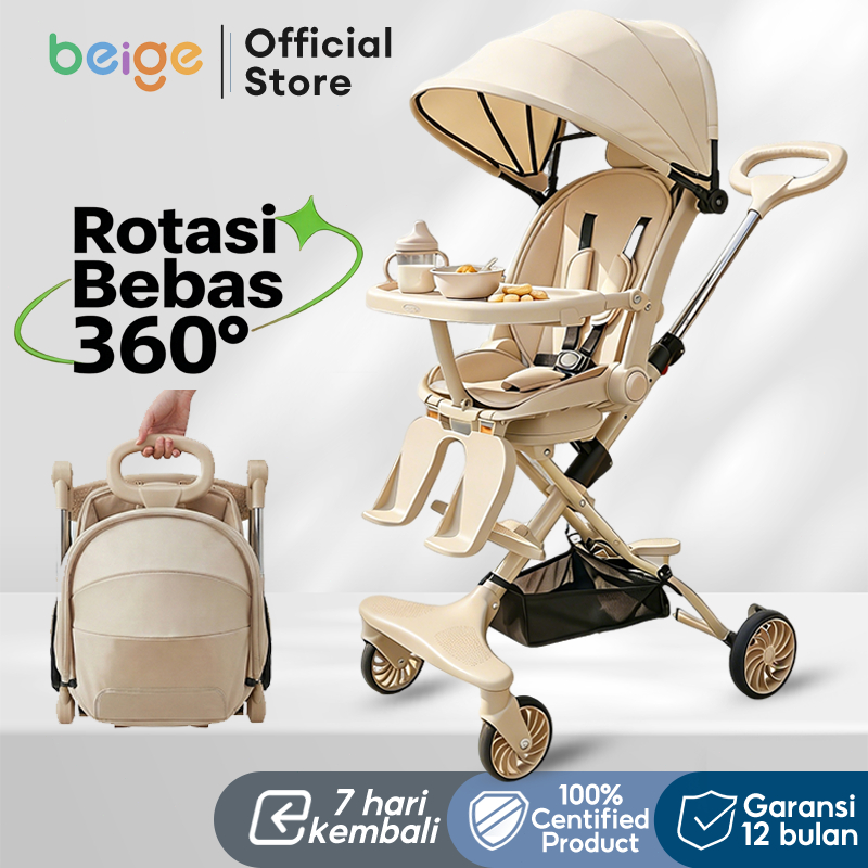 BEIGE Stroller bayi Kereta Dorong Bayi 2 Arah Stroller Duduk Travelling Dilipat