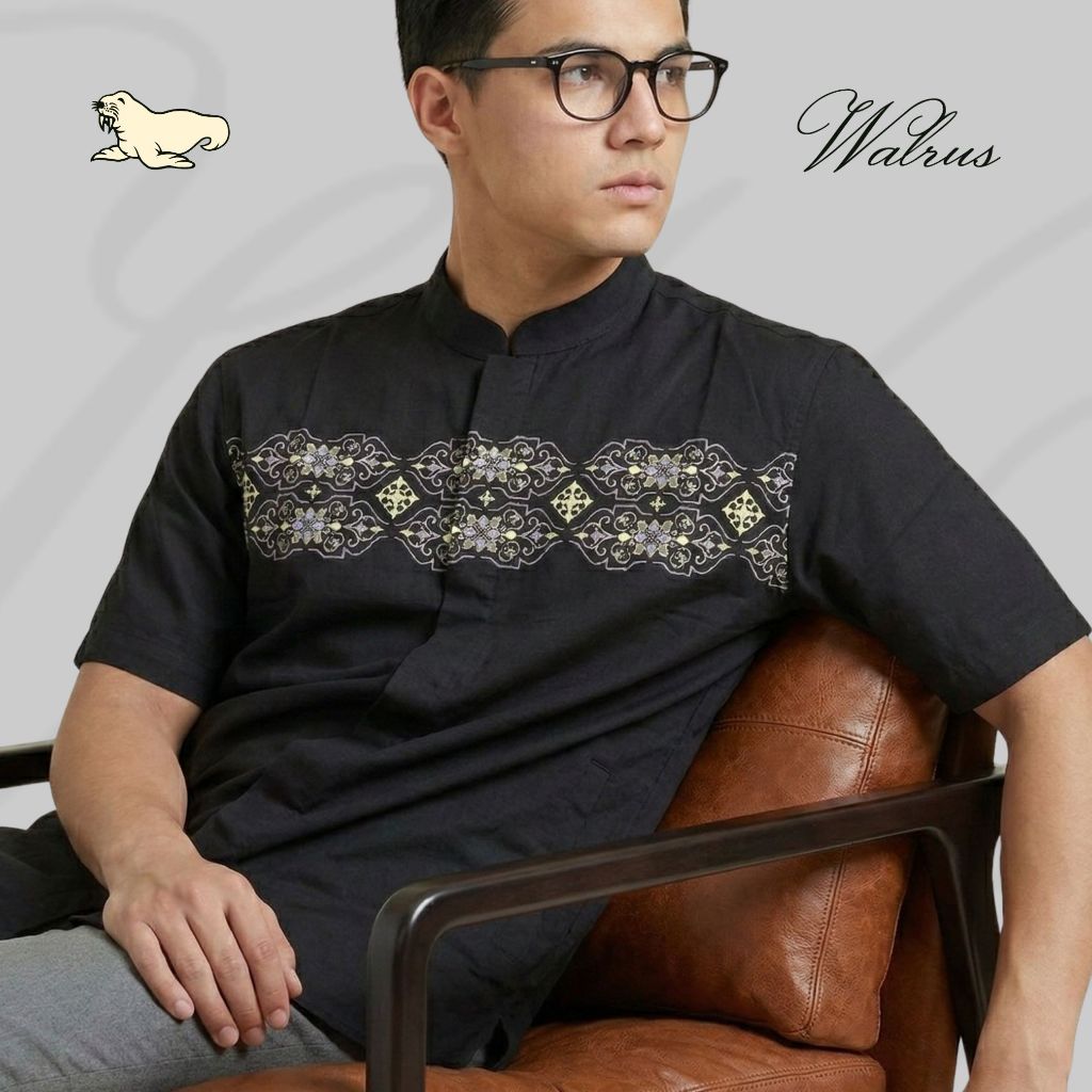 WALRUS Zahir Geometric Baju Koko Pria Lengan Pendek Kemeja Muslim Kerah Mandarin Black Hitam XA2216T