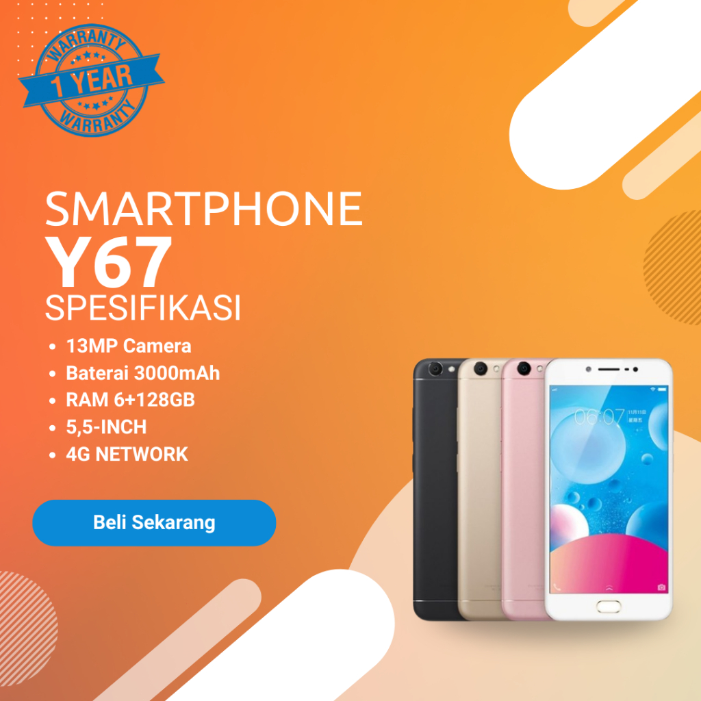 HP SMARTPHONE ANDROID VIVO Y67 RAM 6GB/128GB GARANSI 12 BULAN, LAYAR 5.5 INCHIS