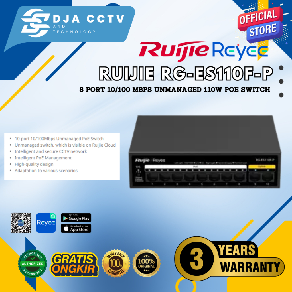 Ruijie Reyee RG-ES110F-P Switch POE 8 Port Unmanaged 110w poe switch