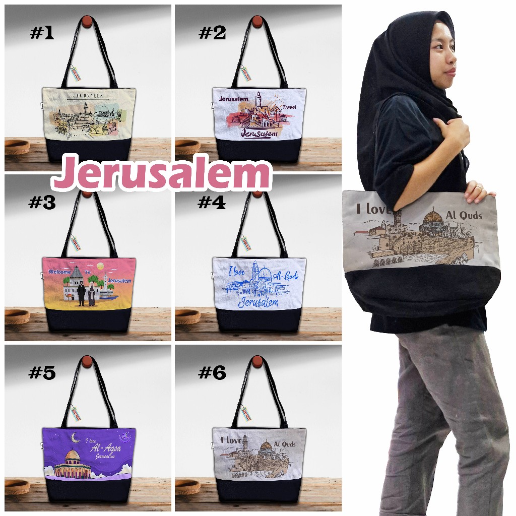 Tote Bag Souvenir JERUSALEM / AL-QUDS , Model Tote Bag Tali Webing,  Oleh Oleh Jerusalem , TTW 007