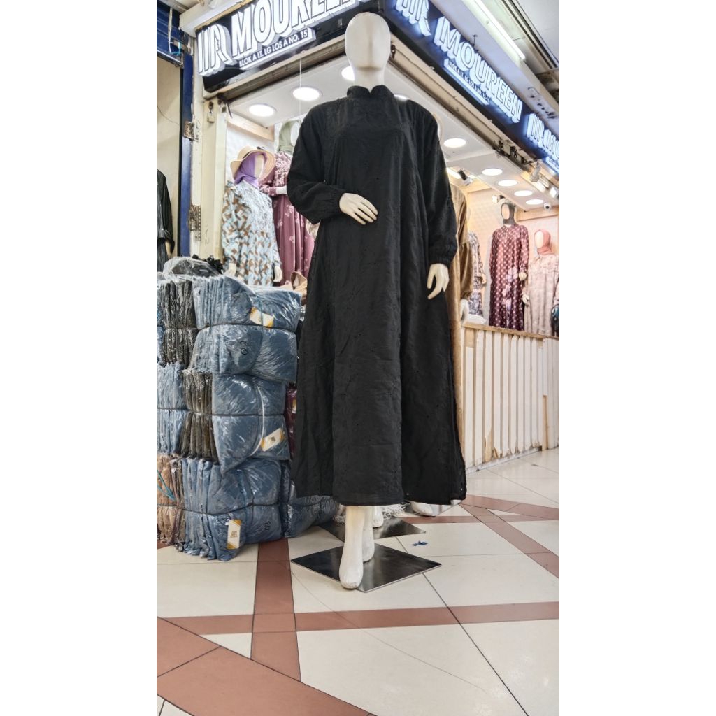 dress gamis wanita melayu muslimah belah samping katun bolong bordir premium terbaru-Dress katun bol