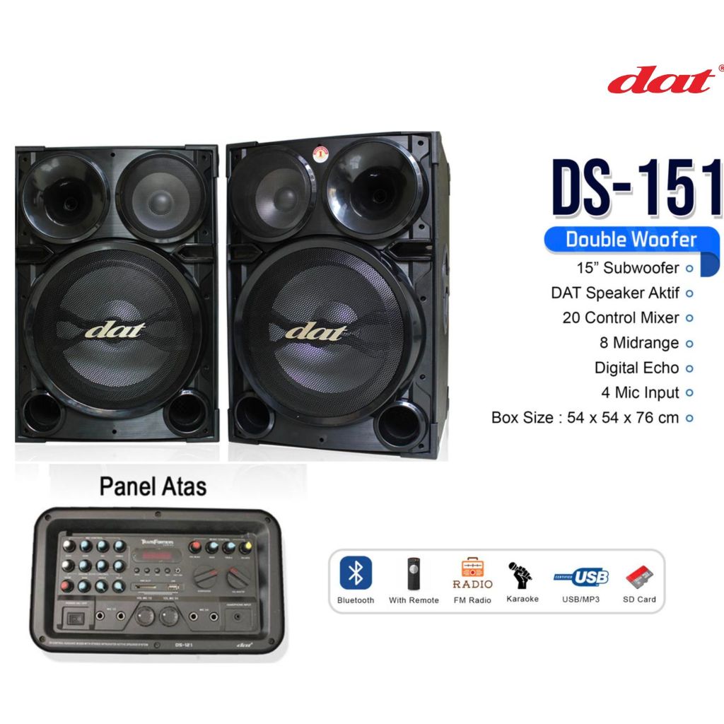 SPEAKER ACTIVE PASSIVE DAT DS151 SPEAKER AKTIF PASIF DAT DS-151 BLUETOOH KARAOKE 15 INCH HARGA1SET