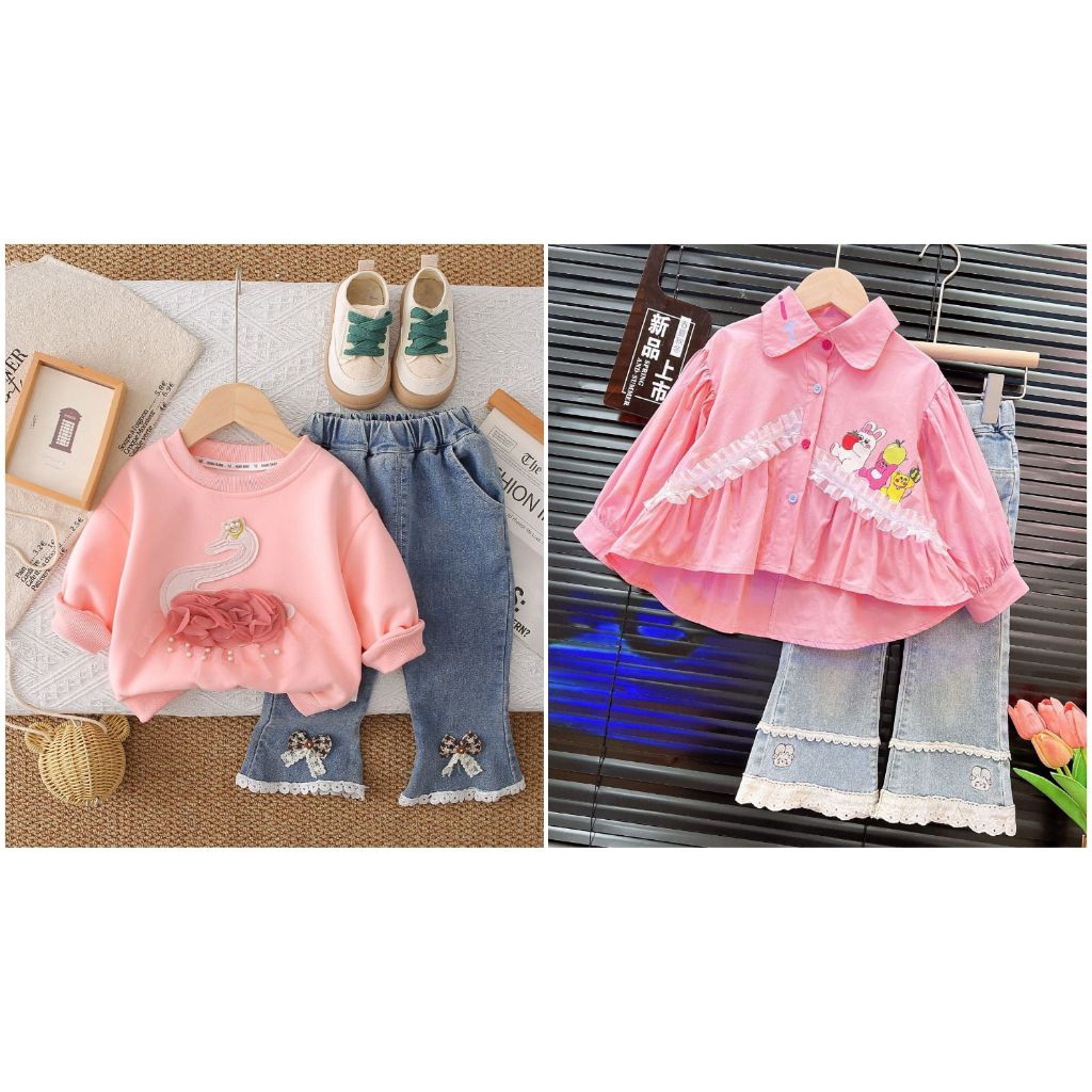 Setelan Anak Perempuan Import/ Set Rabbit Renda By Ancore Lala/ Oneset Import Angsa Pink Pita