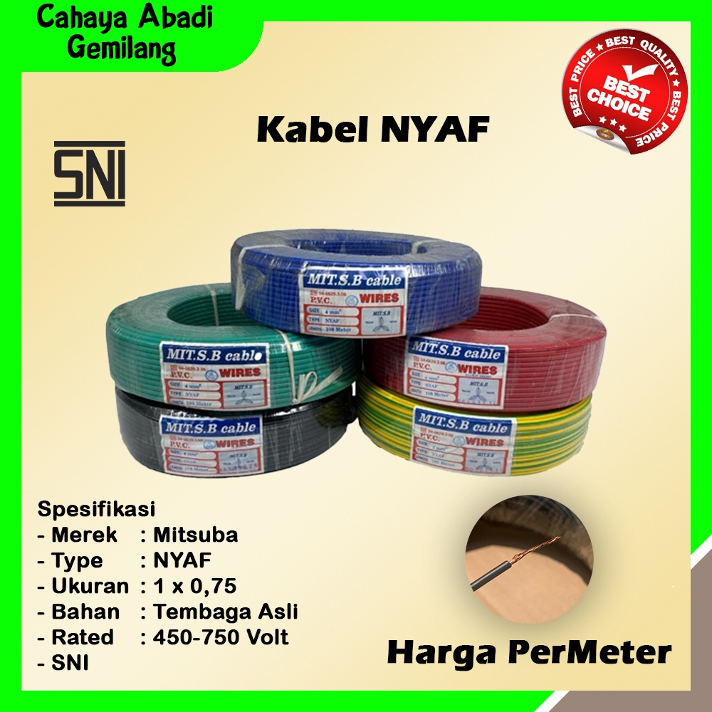 MITSUBA Kabel Serabut NYAF 0.75mm Tahan Tegangan 450/750V Hitam Merah Hijau Biru Kuning Hijau Dijual