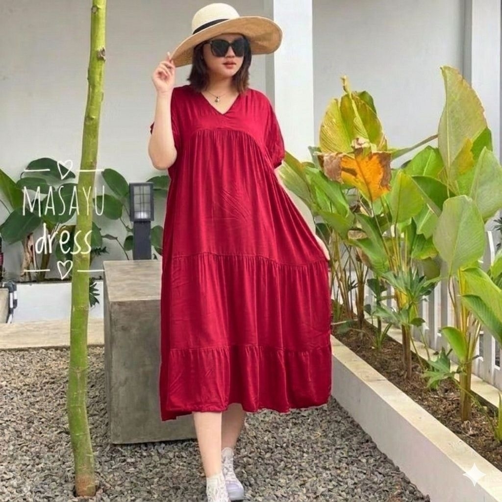 Aktsara Batik - Dress Susun Jumbo Leher V Rayon Premium Daster Adem Baju Tidur Nyaman