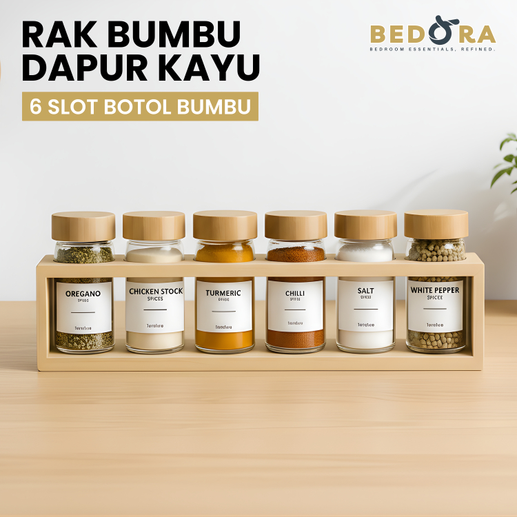 Rak Bumbu Dapur Estetik 6 Botol Kaca Spice Jar Rak Bumbu Kayu Storage Tempat Bumbu Dapur