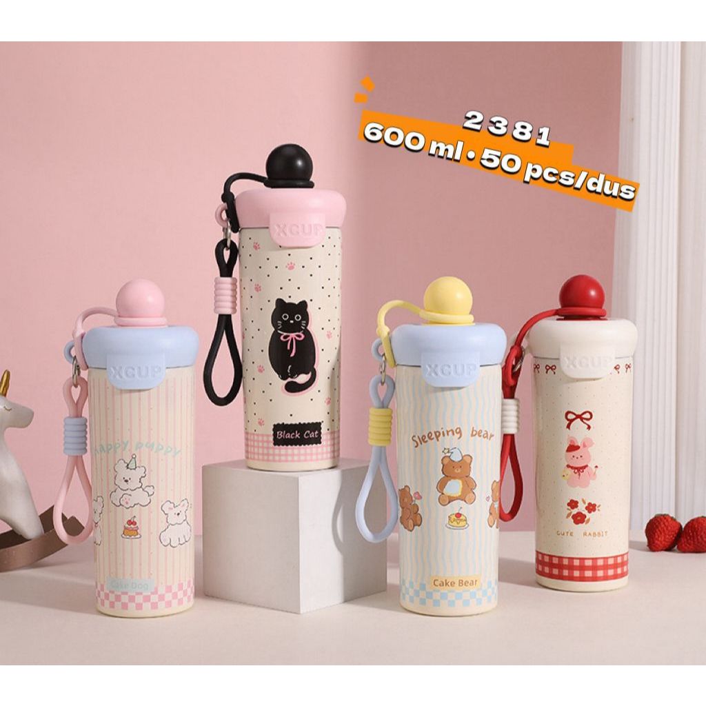 __[EL] BOTOL TUMBLER 600ml KARAKTER LUCU / TUMBLER STAINLESS STEEL SEDOTAN + GANTUNGAN SUS 316 2381