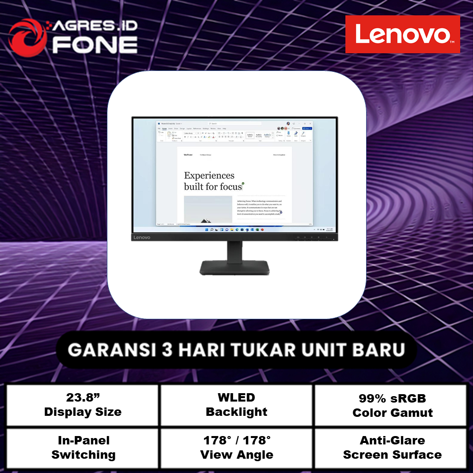 LENOVO MONITOR 24 INCH L24-4E IPS FHD 1080P 4MS 100HZ