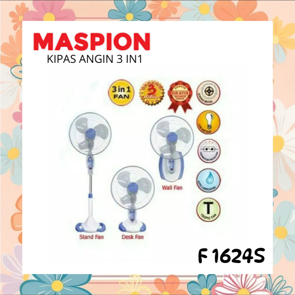 Maspion F 1624 S 1624S Kipas Angin 16inch 3in1 Meja Berditi Dinding