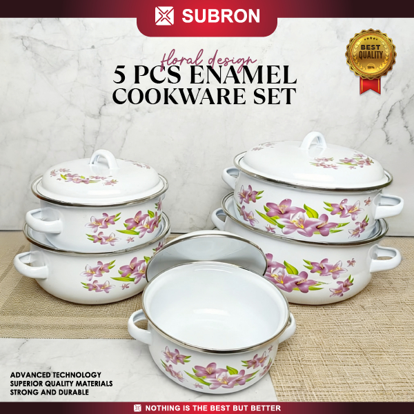 SUBRON Panci Bunga 1 Set 5pcs | Cookware Enamel Tebal Ukuran Lengkap 16–24cm Motif Floral Premium Mu