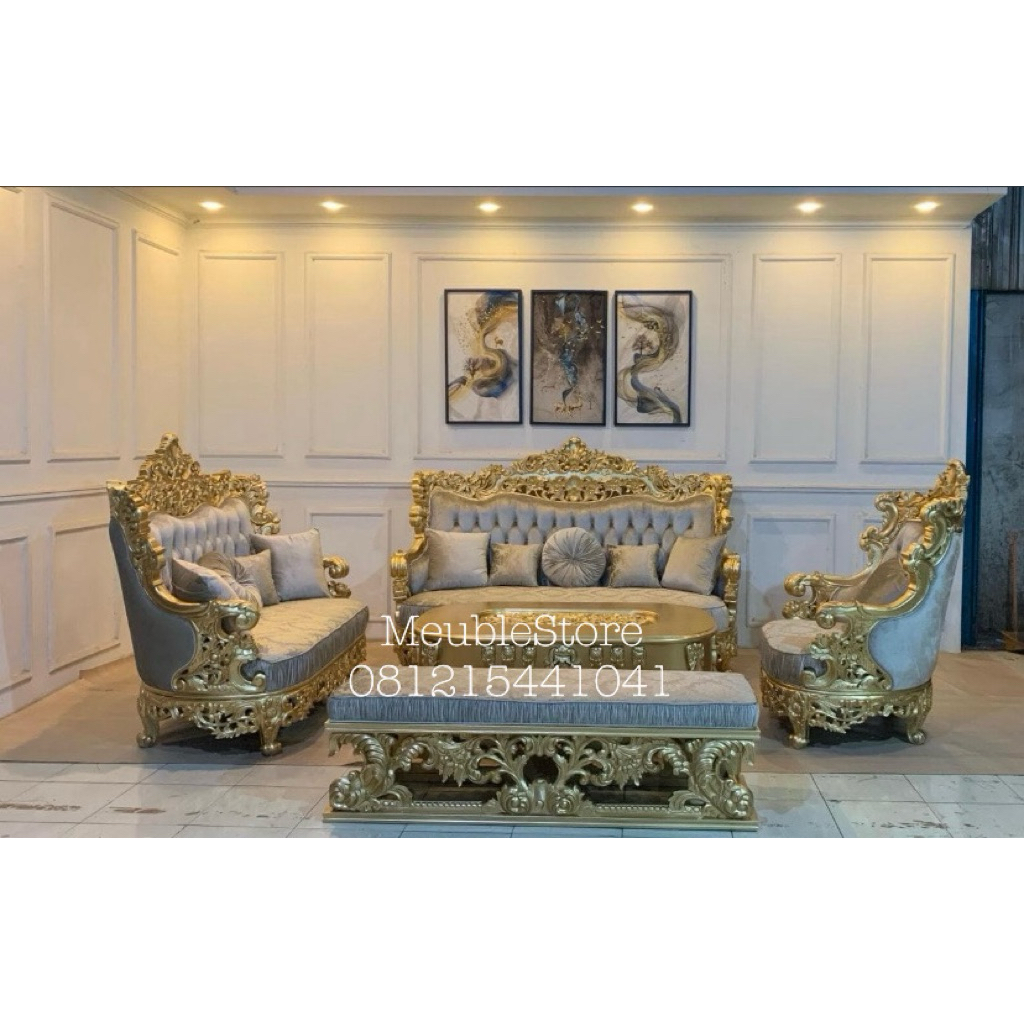 set sofa tamu ukiran mewah dudukan 321 meja + stool kursi panjang