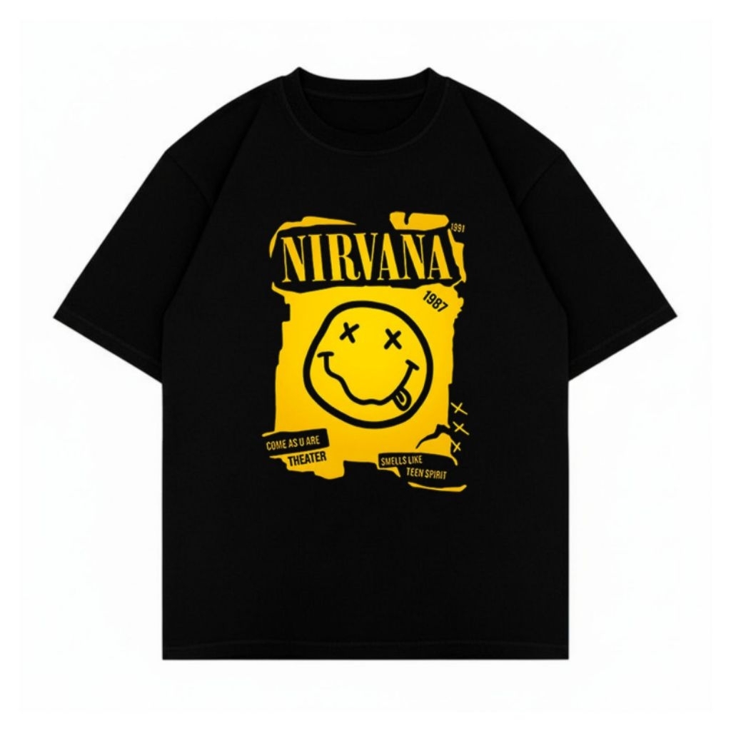 Kaos hitam Nirvana Smiley Yellow Box T-Shirt Vintage Band Grunge Baju Nirvana Smells Like Teen Spiri