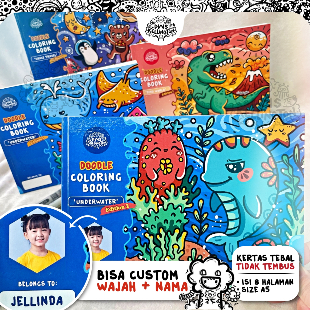 Buku Mewarnai DOODLE ART Coloring Book Anak PAUD Premium Super Tebal Custom Wajah Nama DWSKELLINGTON