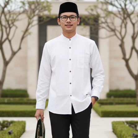 Hanzain Syamil Series - Kemeja Koko Pria Lengan Panjang Warna Putih White - Katun Premium