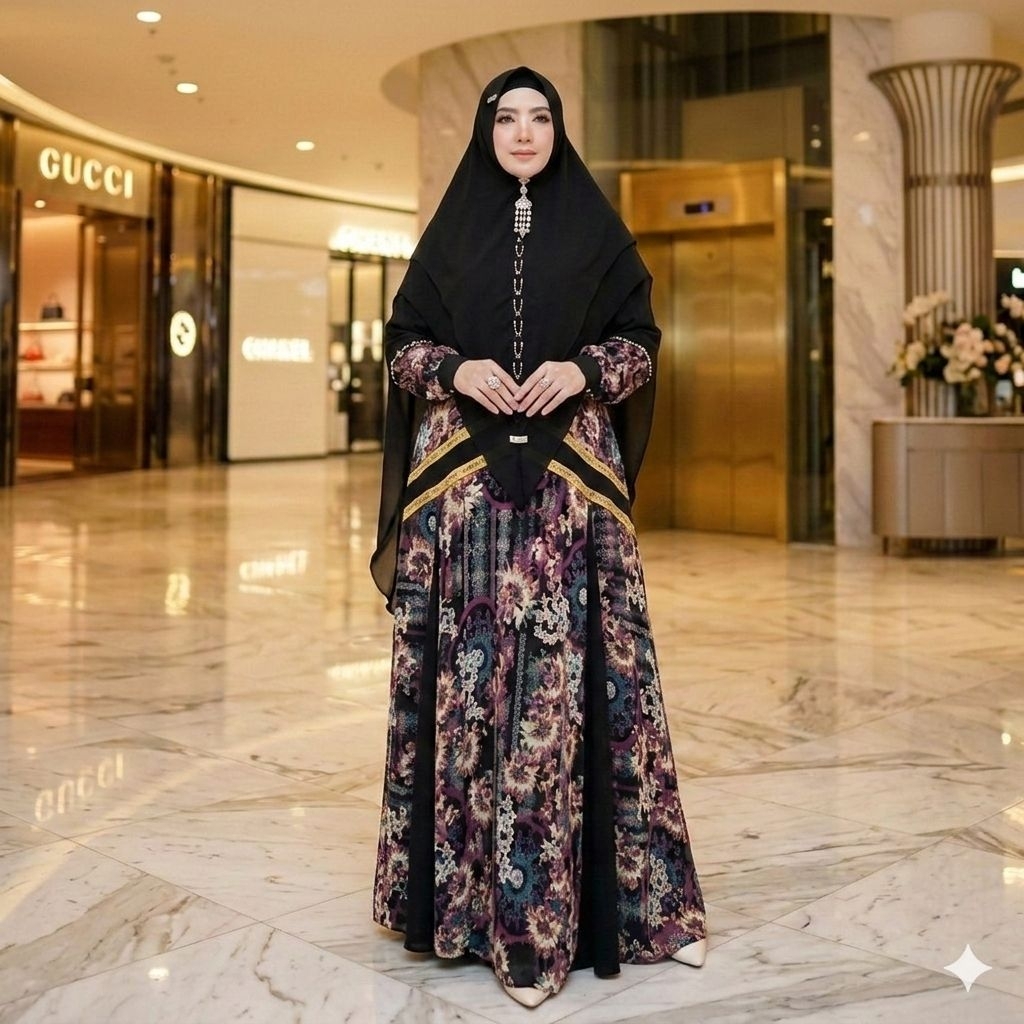 gamis syari printing premium hitam ramadhani by SYAFEERA