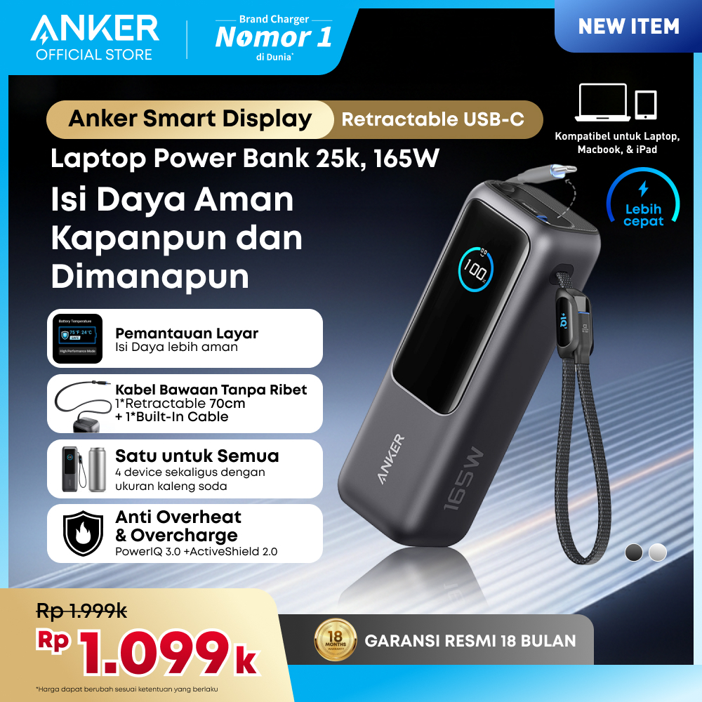 Anker Laptop Power Bank Smart Digital Display Touch 25.000mAh Triple 100W USB-C ports 165W GaN Fast 