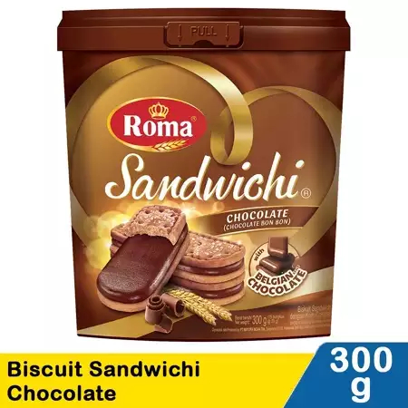 Biskuit Roma Sandwichi Chocolate Kemasan Toples 300g Biscuit Sandwich Renyah Isian Krim Cokelat