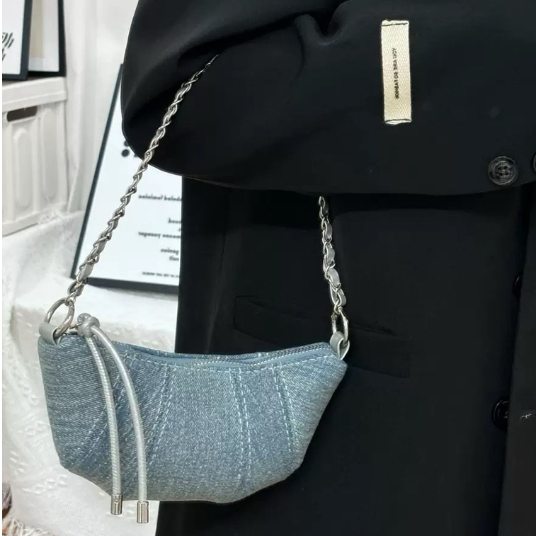 GT 284 Tas Selempang Denim Wanita Tas Hp Rantai Croissant Mini