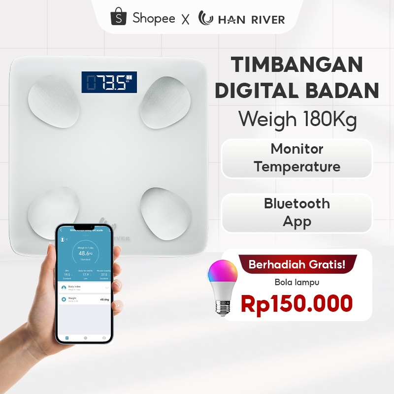 HAN RIVER Timbangan Badan Digital 180KG Smart Digital Body Scale with App Akurat LED Baterai