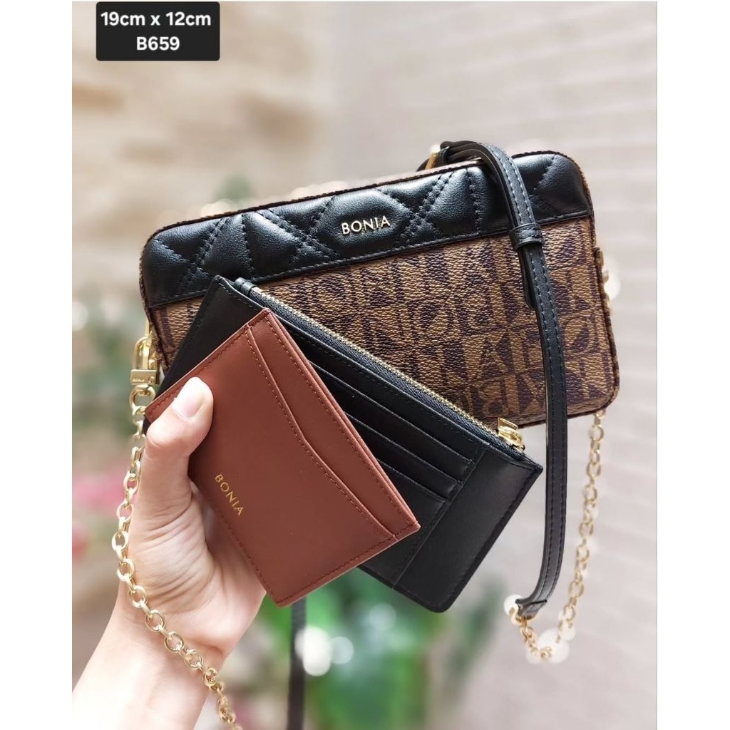 READY STOCK tas bonia original sling bag rantai monogram free card holder