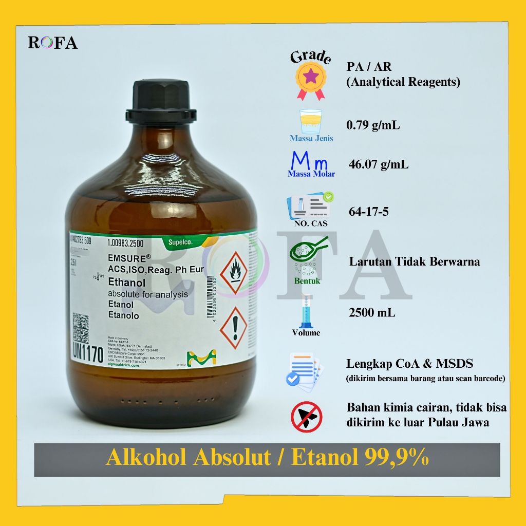 Alkohol Absolut / Etanol / Ethanol / Etil Alkohol / Ethyl Alcohol / C2H5OH 99.9% Pro Analisis 2500 m