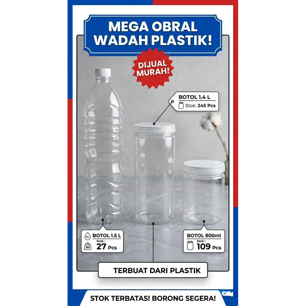 Toples Plastik Bening PET Tabung Jar Besar 1,4 Liter / 1.400ml