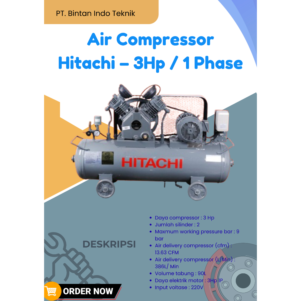 HITACHI Kompresor Udara 3HP 1Phase 2 Silinder 9 Bar 13.63 CFM 80L Tabung