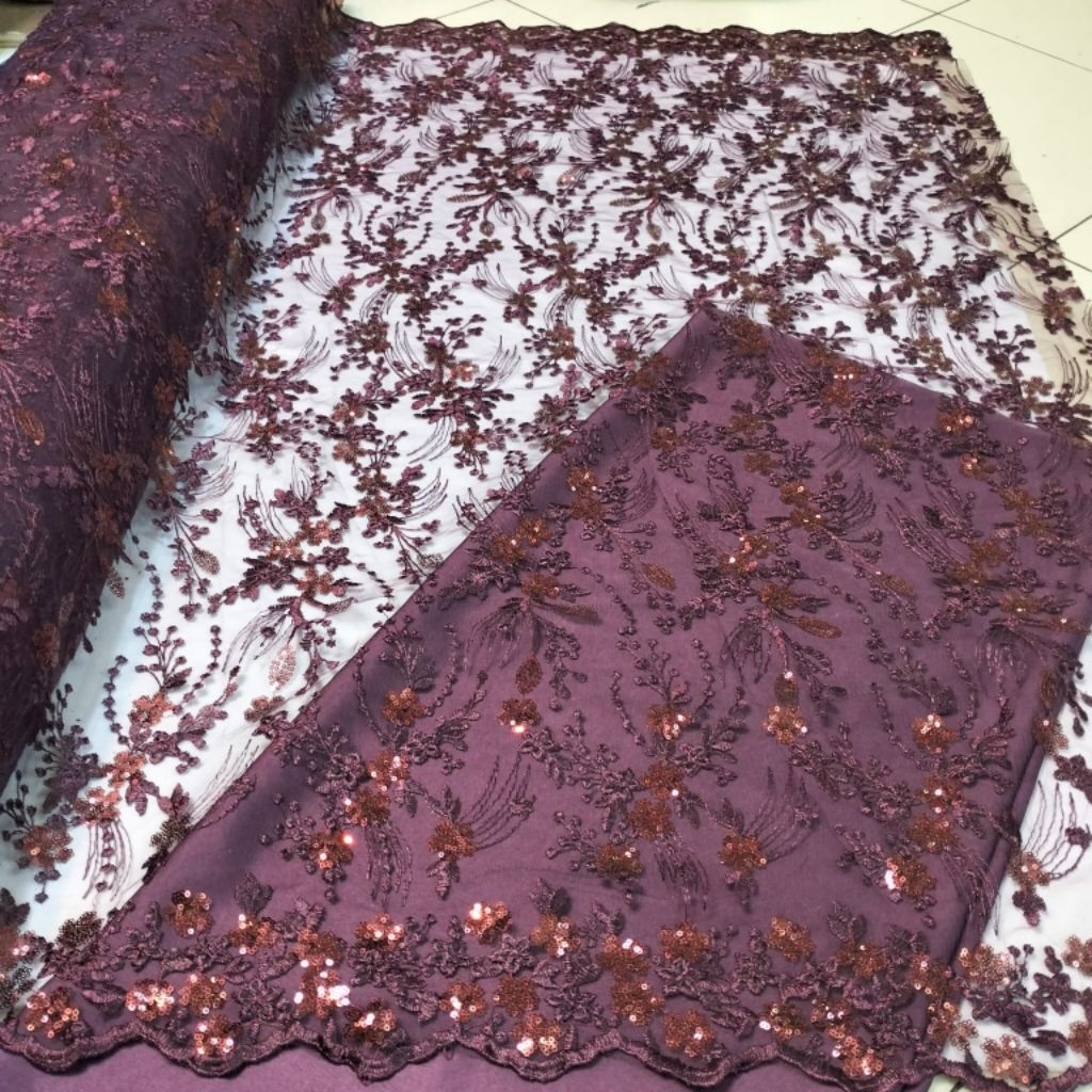 bahan kain tile Ruby sequin premium/tile bordir payet kebaya cantik/tile sepangel mewah