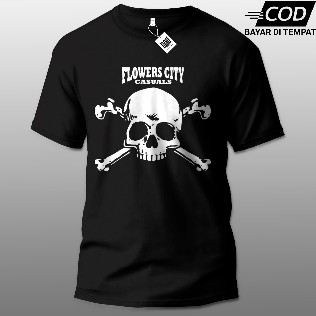 Kaos Flowers City Casuals Katun 24s Print Floral Street Style Unisex Hitam Putih S-XXL