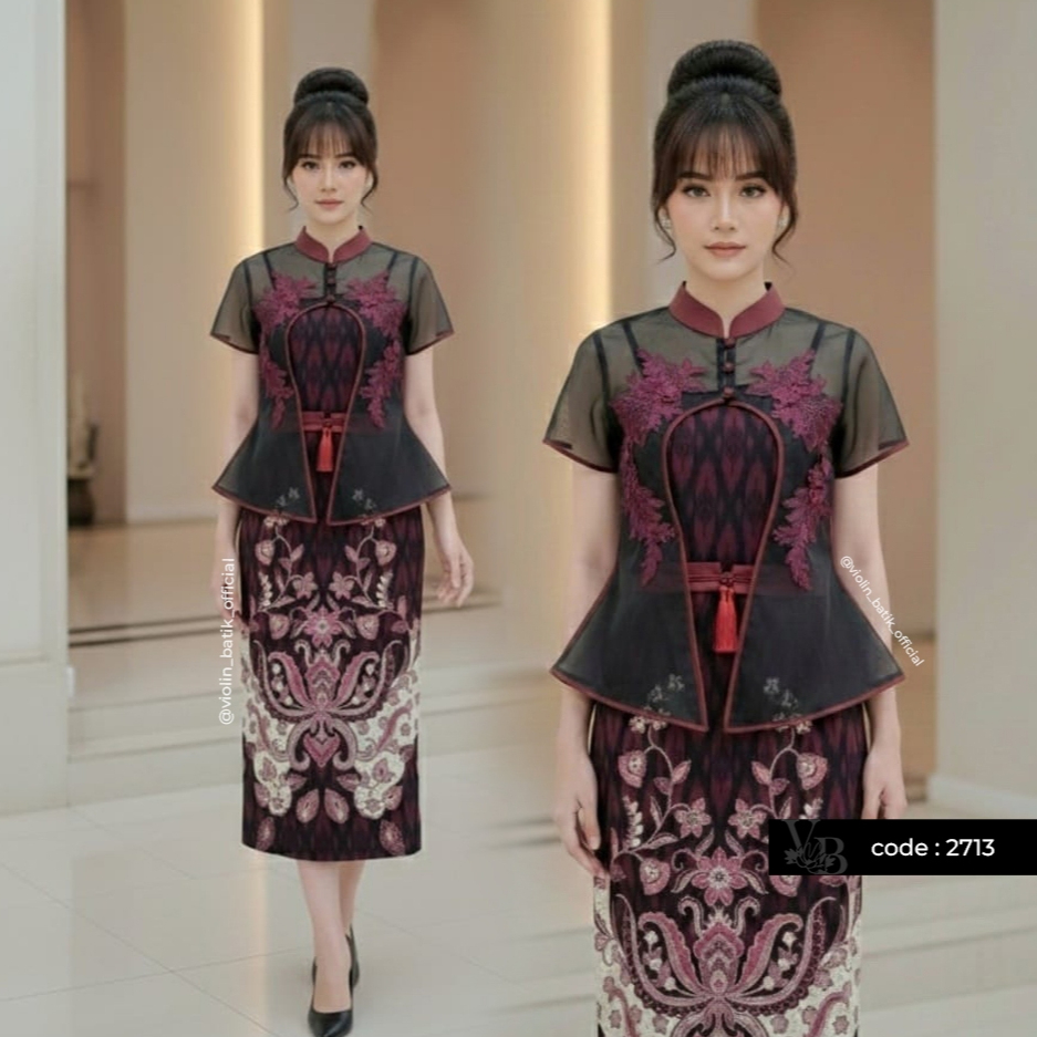 Violin Batik Dress Satin Outer Hitam Cheongsam Organza Bordir U 2713